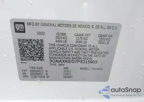 2023 Chevrolet Equinox Fwd Lt z USA, uszkodzony, nr VIN 3GNAXKEG7PS115903